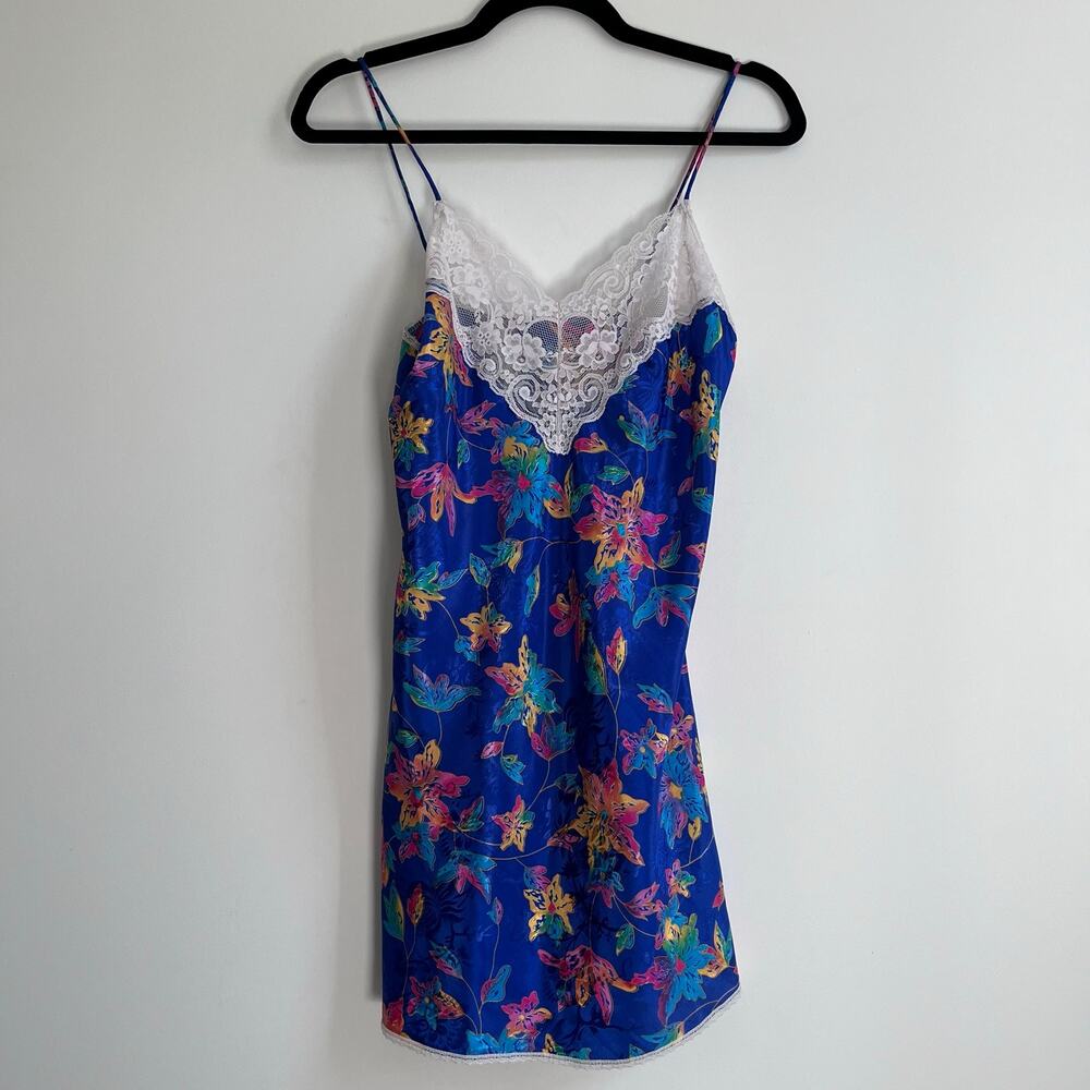 Vtg Val Mode Lingerie Royal Blue Floral Satin Lace Slip Dress Nightgown 80s 90s